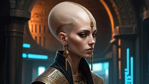 Prompt: bald-headed female priestess with elongated skull cone-headed wearing elaborate robes, cyberpunk Babylonian city setting
