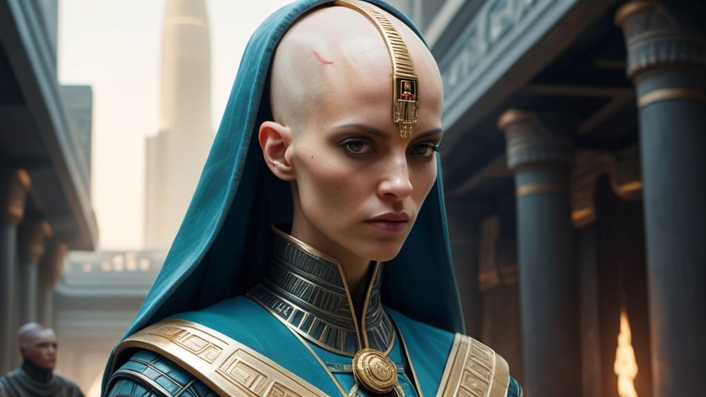 Prompt: bald-headed female priestess with elongated skull cone-headed wearing elaborate robes, cyberpunk Babylonian city setting
