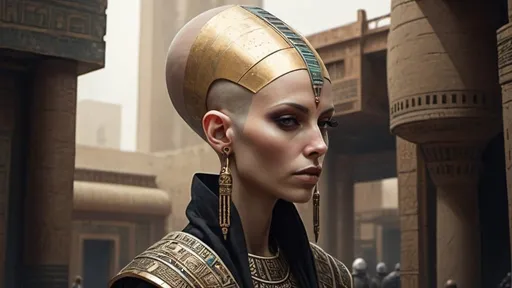 Prompt: bald-headed female priestess with elongated skull cone-headed wearing elaborate robes, cyberpunk Babylonian city setting
