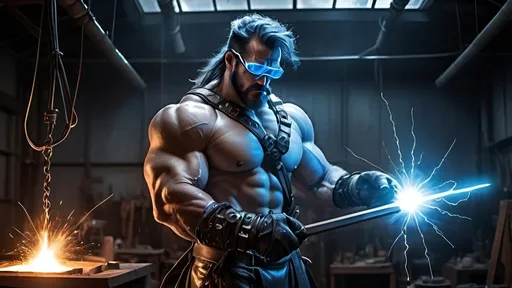 Prompt: barbarian prometheus wearing futuristic blue cyclops welding goggles and leather gloves harnesses the power of lighting in order to forge a magic sword  at his forge, cyberpunk, tech-noir dystopia, futurism, dark fantasy, stormy sky, lightning, mad scientist laboratory setting, tesla coils, lightning rods