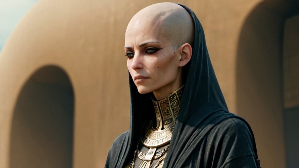 Prompt: bald-headed female priestess with elongated skull cone-headed wearing elaborate robes, cyberpunk Babylonian city setting
