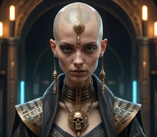 Prompt: bald-headed female priestess with elongated skull cone-headed wearing elaborate robes, cyberpunk Babylonian city settin
