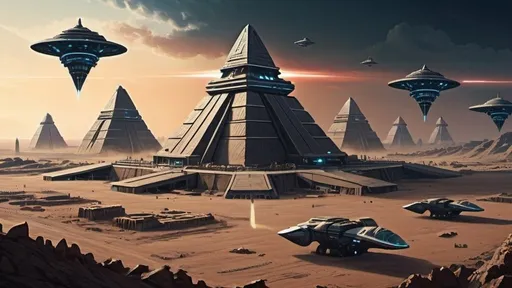 Prompt: anunnaki city of eridu, populated by cone-headed humanoids, neo-babylonian, babylonian, cyberpunk, tech noir, floating spaceships in background, spaceship landing pad, ziggurat
