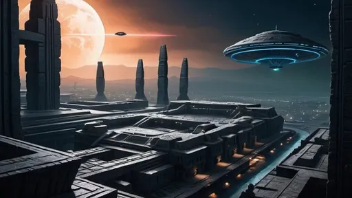 Prompt: anunnaki city of eridu, neo-babylonian, babylonian, cyberpunk, tech noir, dark night, floating spaceships in background, ufo landing pad, ziggurat
