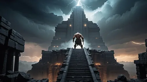 Prompt: giant barbarian god Prometheus with back to camera climbs a ziggurat with a blazing furnace inside of it, Clint Cearley, fantasy art, unreal engine 5, a detailed matte painting, jungle ruins setting, ancient sumerian architecture, stormy night sky, lightning, dark night, heavy rain