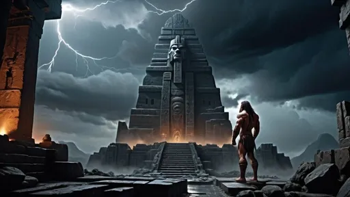 Prompt: giant barbarian god Prometheus in the foreground with back to camera stands before a ziggurat in with a blazing furnace inside of it, fantasy art, a detailed matte painting, jungle ruins setting, ancient sumerian architecture, stormy night sky, lightning, dark night, heavy rain
