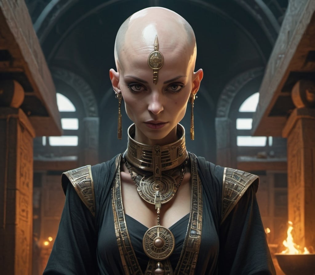 Prompt: bald-headed female priestess with elongated skull wearing elaborate robes, cyberpunk Babylonian city setting, cone head
