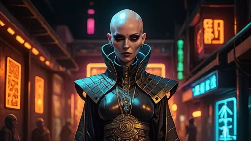 Prompt: bald-headed cone-head female priestess with elongated skull wearing elaborate robes, full body, cyberpunk Babylonian city setting, dark night, neon lights
