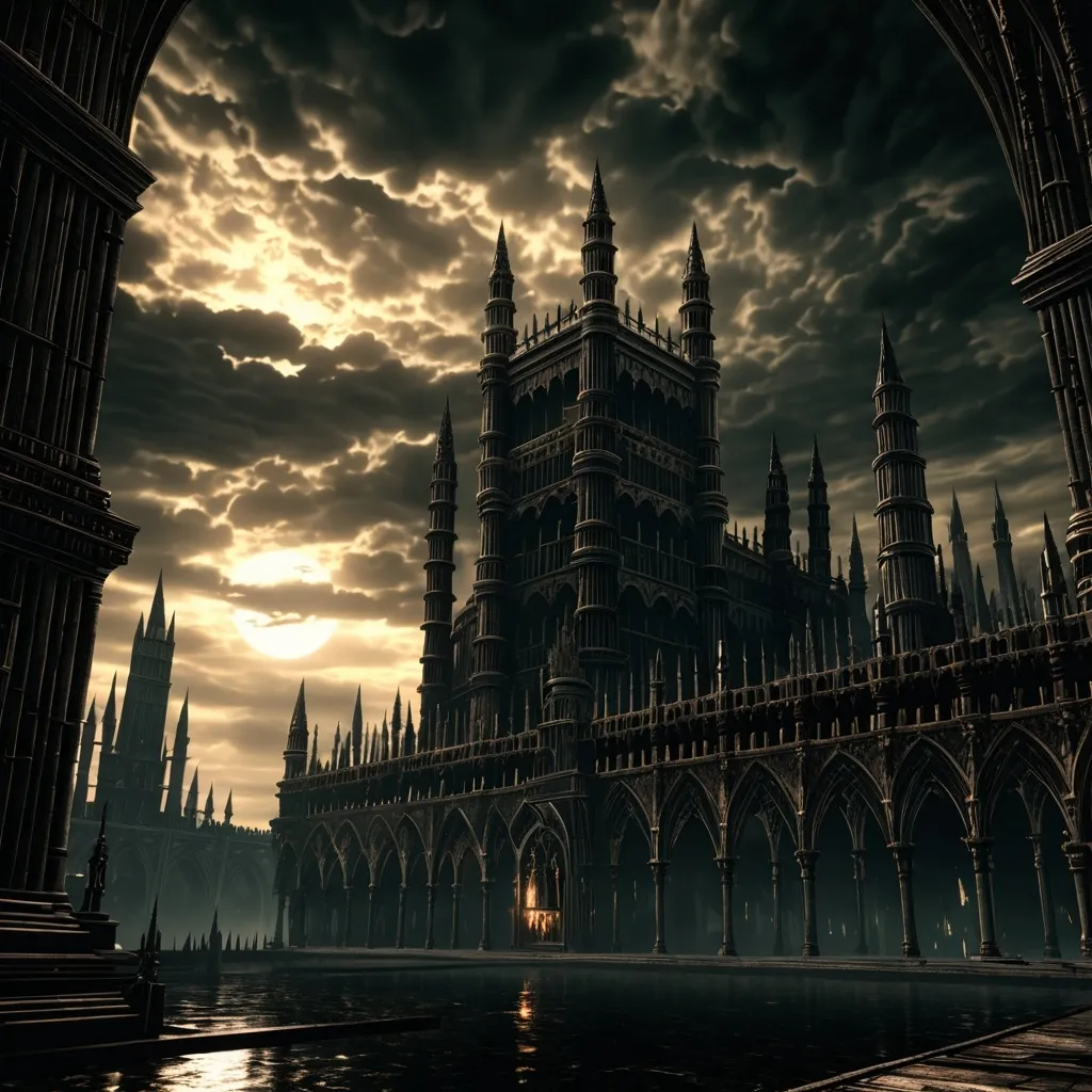 Prompt: Dark souls Remastered, Anor Londo, Shinny Sun, Black Sky, very detailed