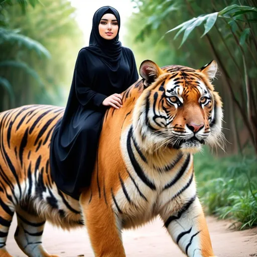 Prompt:  Beautiful girl with hijab riding a tiger 