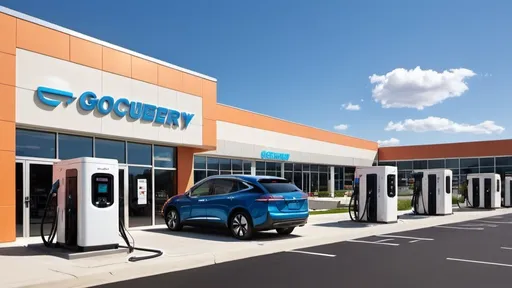 Prompt: please draw an EV charging station beside it. In the background is a large residential or grocery store building. In the side of the building, there is a gas turbine with HVAC equipment running from the turbine to the building.