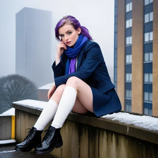 Prompt: The 20-Year-Old Anna Croft is a stunningly beautiful school girl with dark blue eyes, shoulder-length purple hair with ponytails, stunning golden-ratio faces, long shapely legs, pale skin, Knee-length white socks, flat black shoes, very short black pleated skirt thick scarf, dark navy blazer & ties, Sitting on a wall on a wall next to some tower block offices with freezing bare legs during a frosty morning on her way to school during an icy heavy rainy blizzard, icy frosty scene, fog, freezing, 8k photo, detailed, realistic, winter, beautiful schoolgirls, Tower block offices white knee-length socks, frosty, raining freezing, soaking wet, icy, pale skin, long cold wet bare legs, Flat black shoes, detailed eyes, below the freezing atmosphere.