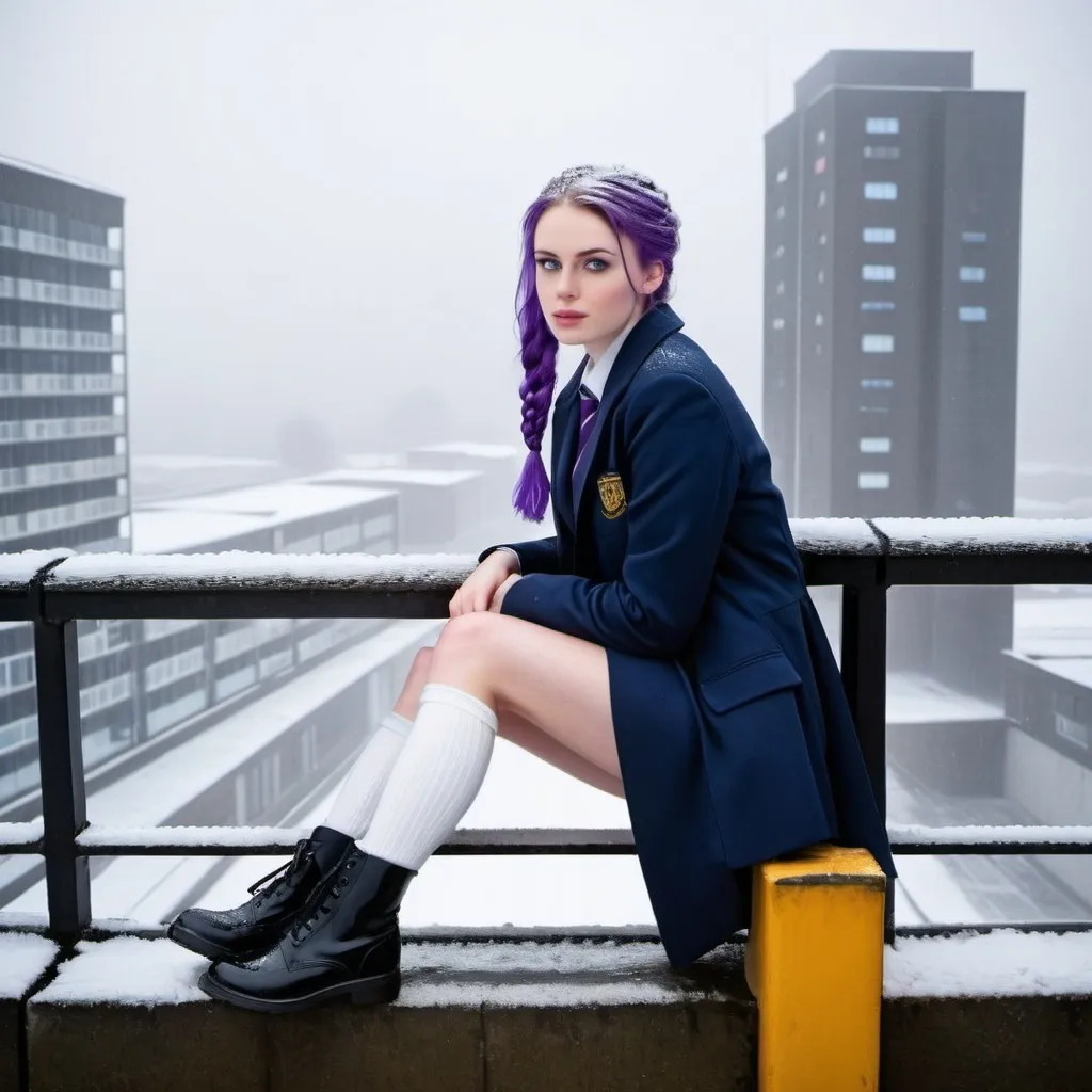 Prompt: The 20-Year-Old Jacinda Wood is a stunningly beautiful school girl with dark blue eyes, shoulder-length purple hair with ponytails, stunning golden-ratio faces, long shapely legs, pale skin, Knee-length white socks, flat black shoes, very short black pleated skirts, dark navy blazer & ties, Sitting on a wall on a wall next to some tower block offices with freezing bare legs during a frosty morning on her way to school during an icy heavy rainy blizzard, icy frosty scene, fog, freezing, 8k photo, detailed, realistic, winter, beautiful schoolgirls, Tower block offices white knee-length socks, frosty, raining freezing, soaking wet, icy, pale skin, long cold wet bare legs, Flat black shoes, detailed eyes, below the freezing atmosphere.