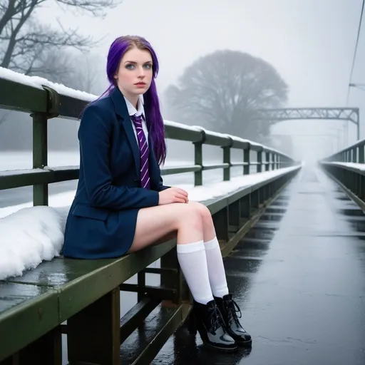 Prompt: 19 Year Old Louise Groves is a stunningly beautiful school girl with dark blue eyes, shoulder-length purple hair with ponytails, stunning golden-ratio faces, long shapely legs, pale skin, Knee-length white socks, flat black shoes, very short black pleated skirts, dark navy blazer & ties, Sitting on a frosty and snowy bridge above a freezing and icy Main road bridge while shivering on her way to school during an icy heavy rainy blizzard, icy frosty scene, fog unhappy freezing shivery and pouting, 8k photo, detailed, realistic, winter, beautiful schoolgirls, seaside view white knee-length socks, frosty, raining freezing, soaking wet, icy, pale skin, long cold wet bare legs, Flat black shoes, detailed eyes, below the freezing atmosphere.