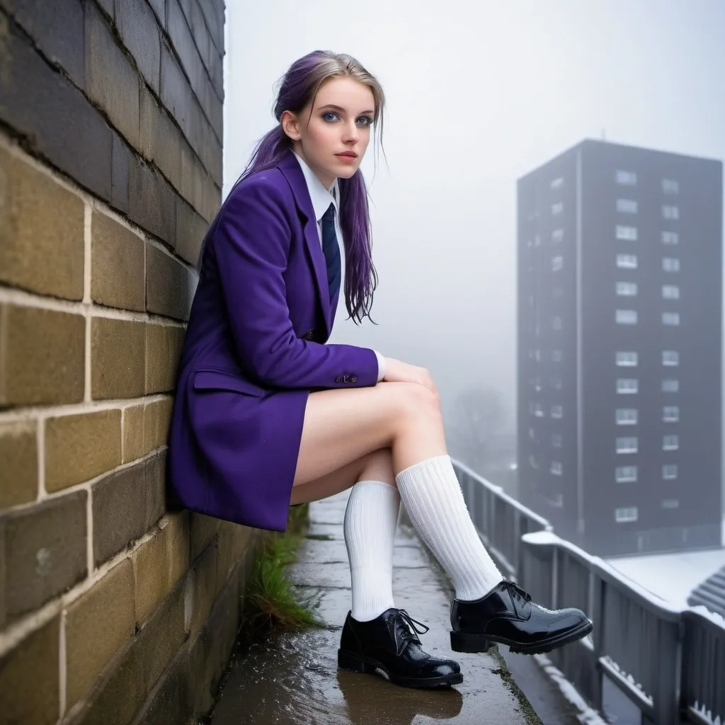 Prompt: The 20-Year-Old Lucinda Yarworth is a stunningly beautiful school girl with dark blue eyes, shoulder-length purple hair with ponytails, stunning golden-ratio faces, long shapely legs, pale skin, Knee-length white socks, flat black shoes, very short black pleated skirts, dark navy blazer & ties, Sitting on a wall on a wall next to some tower block offices with freezing bare legs during a frosty morning on her way to school during an icy heavy rainy blizzard, icy frosty scene, fog, freezing, 8k photo, detailed, realistic, winter, beautiful schoolgirls, Tower block offices white knee-length socks, frosty, raining freezing, soaking wet, icy, pale skin, long cold wet bare legs, Flat black shoes, detailed eyes, below the freezing atmosphere.