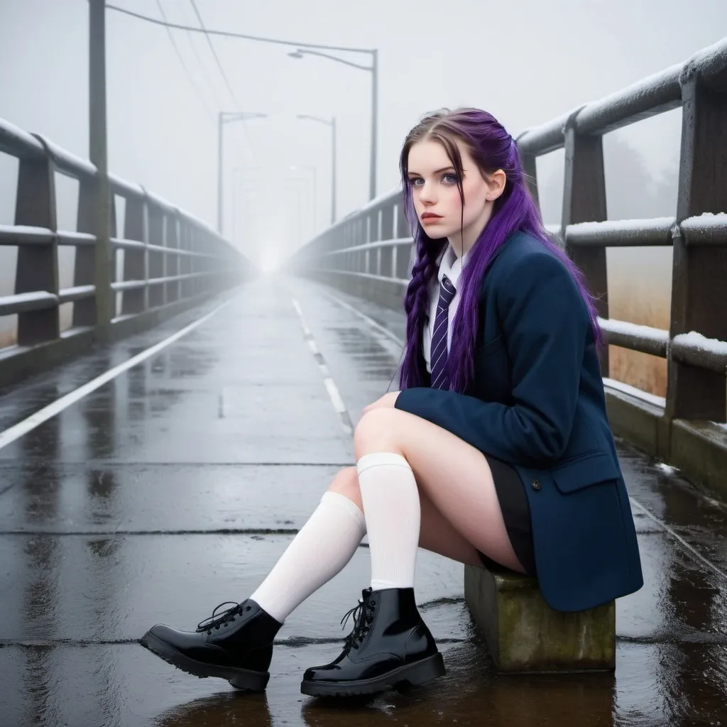 Prompt: 19 Year Old Louise Stafford is a stunningly beautiful school girl with dark blue eyes, shoulder-length purple hair with ponytails, stunning golden-ratio faces, long shapely legs, pale skin, Knee-length white socks, flat black shoes, very short black pleated skirts, dark navy blazer & ties, Sitting on a frosty and snowy bridge above a freezing and icy Main road bridge while shivering on her way to school during an icy heavy rainy blizzard, icy frosty scene, fog unhappy freezing shivery and pouting, 8k photo, detailed, realistic, winter, beautiful schoolgirls, seaside view white knee-length socks, frosty, raining freezing, soaking wet, icy, pale skin, long cold wet bare legs, Flat black shoes, detailed eyes, below the freezing atmosphere.