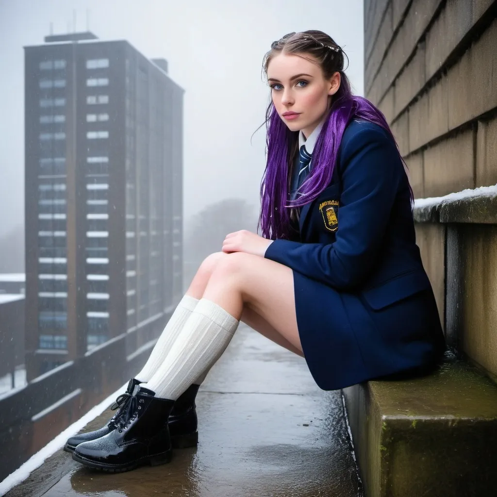 Prompt: The 20-Year-Old Jacinda Bebbington is a stunningly beautiful school girl with dark blue eyes, shoulder-length purple hair with ponytails, stunning golden-ratio faces, long shapely legs, pale skin, Knee-length white socks, flat black shoes, very short black pleated skirts, dark navy blazer & ties, Sitting on a wall on a wall next to some tower block offices with freezing bare legs during a frosty morning on her way to school during an icy heavy rainy blizzard, icy frosty scene, fog, freezing, 8k photo, detailed, realistic, winter, beautiful schoolgirls, Tower block offices white knee-length socks, frosty, raining freezing, soaking wet, icy, pale skin, long cold wet bare legs, Flat black shoes, detailed eyes, below the freezing atmosphere.