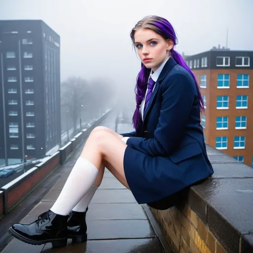 Prompt: The 17-Year-Old Lucinda Yarwood is a stunningly beautiful  girl with dark blue eyes, shoulder-length purple hair with ponytails, stunning golden-ratio faces, long shapely legs, pale skin, Knee-length white socks, flat black shoes, very short black pleated skirts, dark navy blazer & ties, Sitting on a wall on a wall next to some tower block offices with freezing bare legs during a frosty morning on her way to school during an icy heavy rainy blizzard, icy frosty scene, fog, freezing, 8k photo, detailed, realistic, winter, beautiful girl, Tower block offices white knee-length socks, frosty, raining freezing, soaking wet, icy, pale skin, long cold wet bare legs, Flat black shoes, detailed eyes, below the freezing atmosphere.