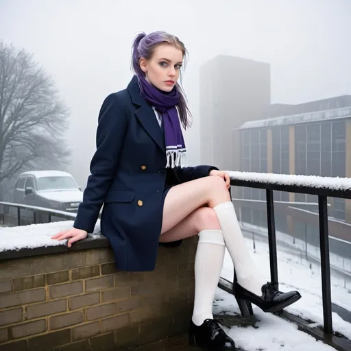 Prompt: The 20-Year-Old Lucinda Yarwood is a stunningly beautiful school girl with dark blue eyes, shoulder-length purple hair with ponytails, stunning golden-ratio faces, long shapely legs, pale skin, Knee-length white socks, flat black shoes, very short black pleated skirt, Thick warm scarf, dark navy blazer & ties, Sitting on a wall on a wall next to some tower block offices with freezing bare legs during a frosty morning on her way to school during an icy heavy rainy blizzard, icy frosty scene, fog, freezing, 8k photo, detailed, realistic, winter, beautiful schoolgirls, Tower block offices white knee-length socks, frosty, raining freezing, soaking wet, icy, pale skin, long cold wet bare legs, Flat black shoes, detailed eyes, below the freezing atmosphere.