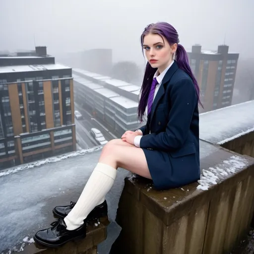 Prompt: The 20-Year-Old Lucinda Bebbington is a stunningly beautiful school girl with dark blue eyes, shoulder-length purple hair with ponytails, stunning golden-ratio faces, long shapely legs, pale skin, Knee-length white socks, flat black shoes, very short black pleated skirts, dark navy blazer & ties, Sitting on a wall on a wall next to some tower block offices with freezing bare legs during a frosty morning on her way to school during an icy heavy rainy blizzard, icy frosty scene, fog, freezing, 8k photo, detailed, realistic, winter, beautiful schoolgirls, Tower block offices white knee-length socks, frosty, raining freezing, soaking wet, icy, pale skin, long cold wet bare legs, Flat black shoes, detailed eyes, below the freezing atmosphere.