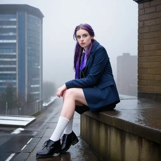 Prompt: The 20-Year-Old Lucinda Bedworth is a stunningly beautiful school girl with dark blue eyes, shoulder-length purple hair with ponytails, stunning golden-ratio faces, long shapely legs, pale skin, Knee-length white socks, flat black shoes, very short black pleated skirts, dark navy blazer & ties, Sitting on a wall on a wall next to some tower block offices with freezing bare legs during a frosty morning on her way to school during an icy heavy rainy blizzard, icy frosty scene, fog, freezing, 8k photo, detailed, realistic, winter, beautiful schoolgirls, Tower block offices white knee-length socks, frosty, raining freezing, soaking wet, icy, pale skin, long cold wet bare legs, Flat black shoes, detailed eyes, below the freezing atmosphere.