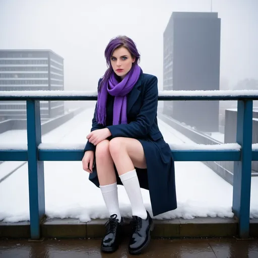 Prompt: The 20-Year-Old Lucinda Croft is a stunningly beautiful school girl with dark blue eyes, shoulder-length purple hair with ponytails, stunning golden-ratio faces, long shapely legs, pale skin, Knee-length white socks, flat black shoes, very short black pleated skirt A thick scarf, dark navy blazer & ties, Sitting on a wall on a wall next to some tower block offices with freezing bare legs during a frosty morning on her way to school during an icy heavy rainy blizzard, icy frosty scene, fog, freezing, 8k photo, detailed, realistic, winter, beautiful schoolgirls, Tower block offices white knee-length socks, frosty, raining freezing, soaking wet, icy, pale skin, long cold wet bare legs, Flat black shoes, detailed eyes, below the freezing atmosphere.