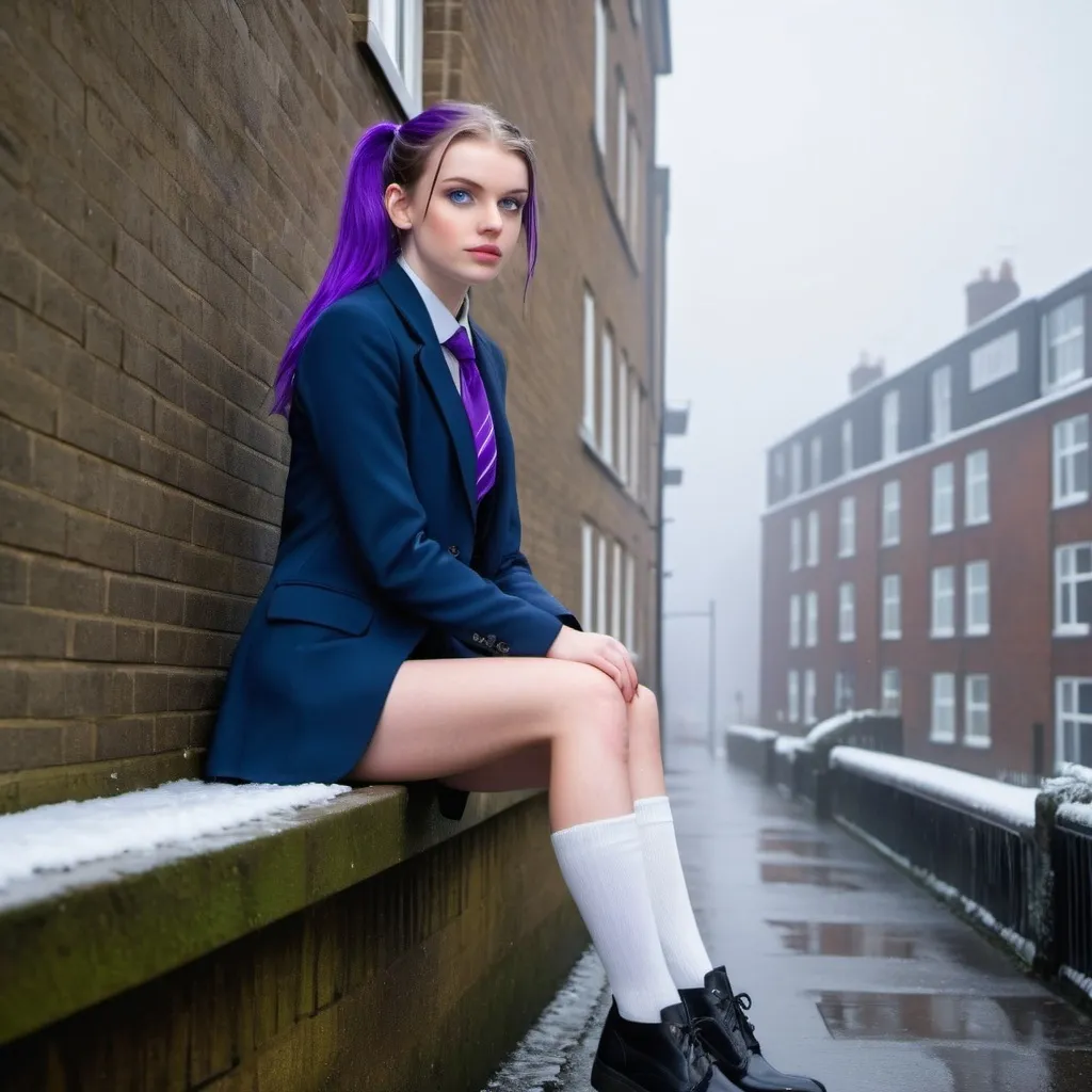 Prompt: The 17-Year-Old Lucinda Yarwood is a stunningly beautiful  girl with dark blue eyes, shoulder-length purple hair with ponytails, stunning golden-ratio faces, long shapely legs, pale skin, Knee-length white socks, flat black shoes, very short black pleated skirts, dark navy blazer & ties, Sitting on a wall on a wall next to some tower block offices with freezing bare legs during a frosty morning on her way to school during an icy heavy rainy blizzard, icy frosty scene, fog, freezing, 8k photo, detailed, realistic, winter, beautiful girl, Tower block offices white knee-length socks, frosty, raining freezing, soaking wet, icy, pale skin, long cold wet bare legs, Flat black shoes, detailed eyes, below the freezing atmosphere.