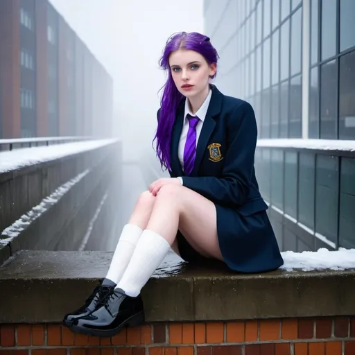 Prompt: The 20-Year-Old Lucinda Wood is a stunningly beautiful school girl with dark blue eyes, shoulder-length purple hair with ponytails, stunning golden-ratio faces, long shapely legs, pale skin, Knee-length white socks, flat black shoes, very short black pleated skirts, dark navy blazer & ties, Sitting on a wall on a wall next to some tower block offices with freezing bare legs during a frosty morning on her way to school during an icy heavy rainy blizzard, icy frosty scene, fog, freezing, 8k photo, detailed, realistic, winter, beautiful schoolgirls, Tower block offices white knee-length socks, frosty, raining freezing, soaking wet, icy, pale skin, long cold wet bare legs, Flat black shoes, detailed eyes, below the freezing atmosphere.