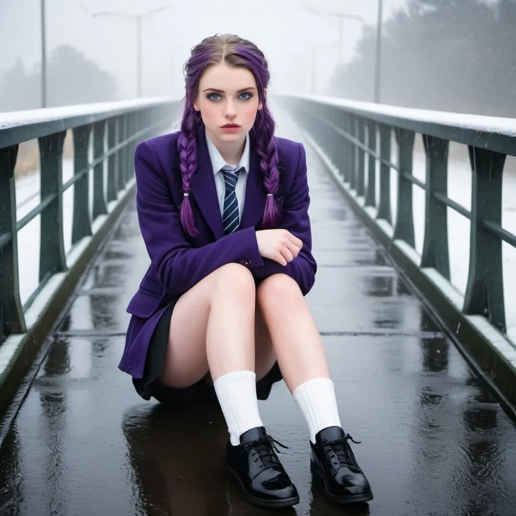 Prompt: 19 Year Old Louisa Groves is a stunningly beautiful school girl with dark blue eyes, shoulder-length purple hair with ponytails, stunning golden-ratio faces, long shapely legs, pale skin, Knee-length white socks, flat black shoes, very short black pleated skirts, dark navy blazer & ties, Sitting on a frosty and snowy bridge above a freezing and icy Main road bridge while shivering on her way to school during an icy heavy rainy blizzard, icy frosty scene, fog unhappy freezing shivery and pouting, 8k photo, detailed, realistic, winter, beautiful schoolgirls, seaside view white knee-length socks, frosty, raining freezing, soaking wet, icy, pale skin, long cold wet bare legs, Flat black shoes, detailed eyes, below the freezing atmosphere.