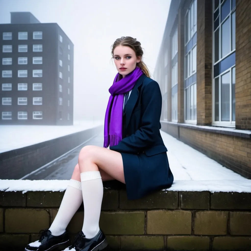 Prompt: The 20-Year-Old Lucinda Croft is a stunningly beautiful school girl with dark blue eyes, shoulder-length purple hair with ponytails, stunning golden-ratio faces, long shapely legs, pale skin, Knee-length white socks, flat black shoes, very short black pleated skirt A thick scarf, dark navy blazer & ties, Sitting on a wall on a wall next to some tower block offices with freezing bare legs during a frosty morning on her way to school during an icy heavy rainy blizzard, icy frosty scene, fog, freezing, 8k photo, detailed, realistic, winter, beautiful schoolgirls, Tower block offices white knee-length socks, frosty, raining freezing, soaking wet, icy, pale skin, long cold wet bare legs, Flat black shoes, detailed eyes, below the freezing atmosphere.