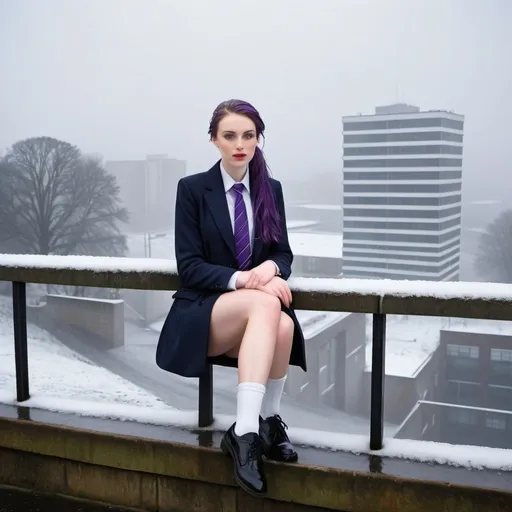 Prompt: The 20-Year-Old Jacinda Wood is a stunningly beautiful school girl with dark blue eyes, shoulder-length purple hair with ponytails, stunning golden-ratio faces, long shapely legs, pale skin, Knee-length white socks, flat black shoes, very short black pleated skirts, dark navy blazer & ties, Sitting on a wall on a wall next to some tower block offices with freezing bare legs during a frosty morning on her way to school during an icy heavy rainy blizzard, icy frosty scene, fog, freezing, 8k photo, detailed, realistic, winter, beautiful schoolgirls, Tower block offices white knee-length socks, frosty, raining freezing, soaking wet, icy, pale skin, long cold wet bare legs, Flat black shoes, detailed eyes, below the freezing atmosphere.