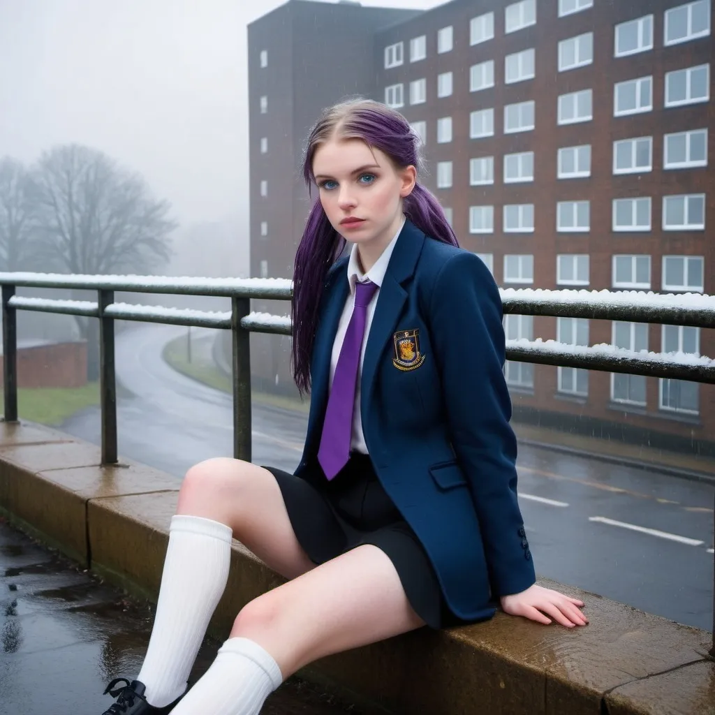 Prompt: The 20-Year-Old Lucinda Yarwood is a stunningly beautiful school girl with dark blue eyes, shoulder-length purple hair with ponytails, stunning golden-ratio faces, long shapely legs, pale skin, Knee-length white socks, flat black shoes, very short black pleated skirts, dark navy blazer & ties, Sitting on a wall on a wall next to some tower block offices with freezing bare legs during a frosty morning on her way to school during an icy heavy rainy blizzard, icy frosty scene, fog, freezing, 8k photo, detailed, realistic, winter, beautiful schoolgirls, Tower block offices white knee-length socks, frosty, raining freezing, soaking wet, icy, pale skin, long cold wet bare legs, Flat black shoes, detailed eyes, below the freezing atmosphere.