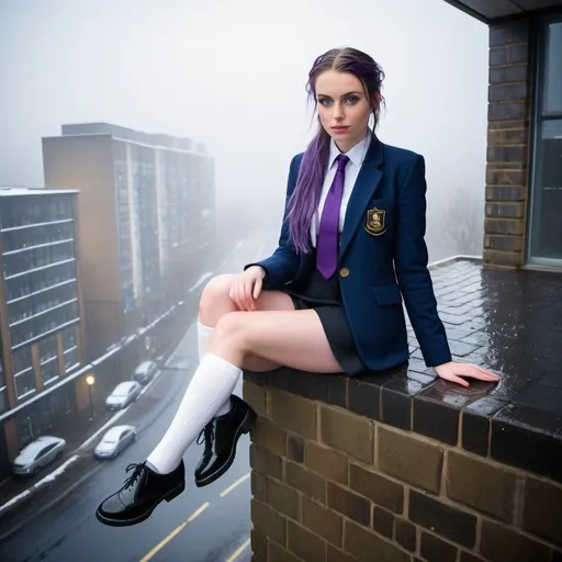 Prompt: The 20-Year-Old Jacinda Bebbington is a stunningly beautiful school girl with dark blue eyes, shoulder-length purple hair with ponytails, stunning golden-ratio faces, long shapely legs, pale skin, Knee-length white socks, flat black shoes, very short black pleated skirts, dark navy blazer & ties, Sitting on a wall on a wall next to some tower block offices with freezing bare legs during a frosty morning on her way to school during an icy heavy rainy blizzard, icy frosty scene, fog, freezing, 8k photo, detailed, realistic, winter, beautiful schoolgirls, Tower block offices white knee-length socks, frosty, raining freezing, soaking wet, icy, pale skin, long cold wet bare legs, Flat black shoes, detailed eyes, below the freezing atmosphere.