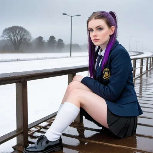 Prompt: 19 Year Old Louise Stafford is a stunningly beautiful school girl with dark blue eyes, shoulder-length purple hair with ponytails, stunning golden-ratio faces, long shapely legs, pale skin, Knee-length white socks, flat black shoes, very short black pleated skirts, dark navy blazer & ties, Sitting on a frosty and snowy bridge above a freezing and icy Main road bridge while shivering on her way to school during an icy heavy rainy blizzard, icy frosty scene, fog unhappy freezing shivery and pouting, 8k photo, detailed, realistic, winter, beautiful schoolgirls, seaside view white knee-length socks, frosty, raining freezing, soaking wet, icy, pale skin, long cold wet bare legs, Flat black shoes, detailed eyes, below the freezing atmosphere.