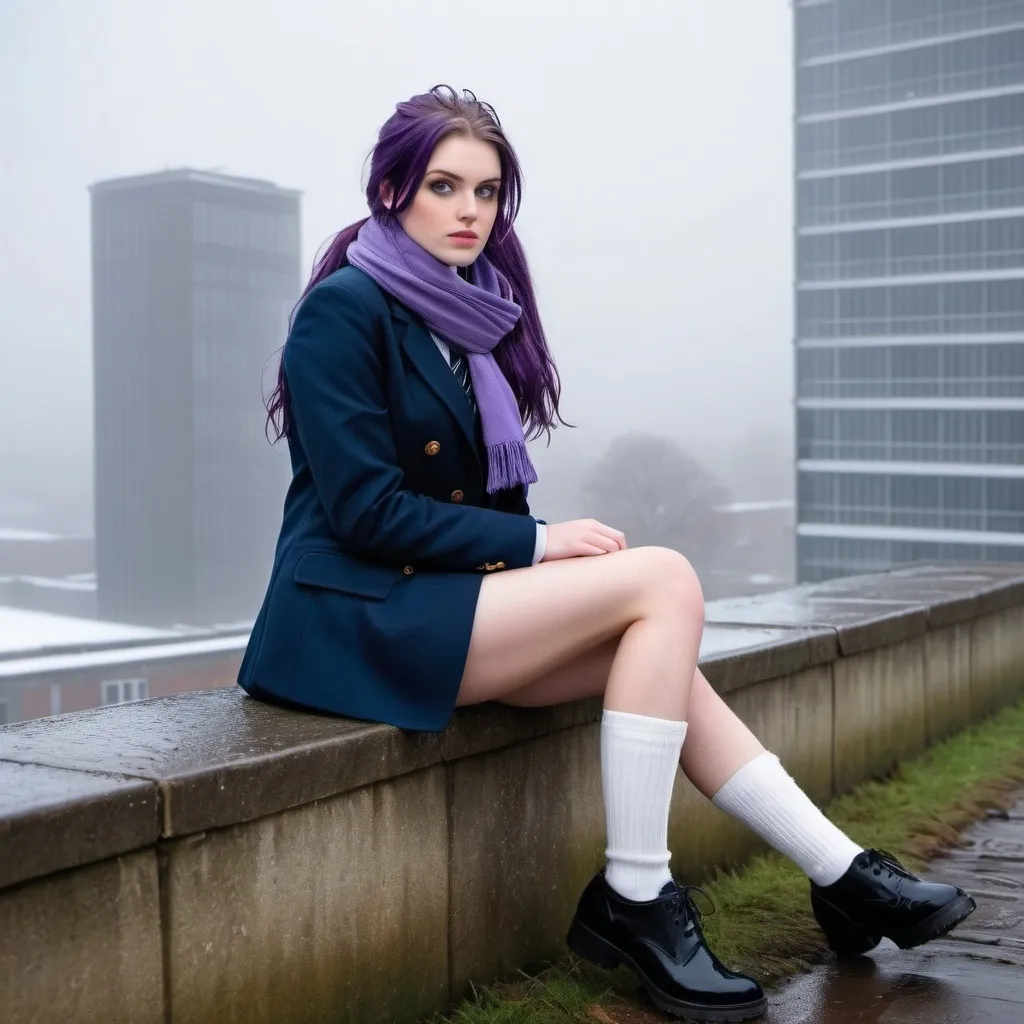 Prompt: The 20-Year-Old Anna Croft is a stunningly beautiful school girl with dark blue eyes, shoulder-length purple hair with ponytails, stunning golden-ratio faces, long shapely legs, pale skin, Knee-length white socks, flat black shoes, very short black pleated skirt thick scarf, dark navy blazer & ties, Sitting on a wall on a wall next to some tower block offices with freezing bare legs during a frosty morning on her way to school during an icy heavy rainy blizzard, icy frosty scene, fog, freezing, 8k photo, detailed, realistic, winter, beautiful schoolgirls, Tower block offices white knee-length socks, frosty, raining freezing, soaking wet, icy, pale skin, long cold wet bare legs, Flat black shoes, detailed eyes, below the freezing atmosphere.