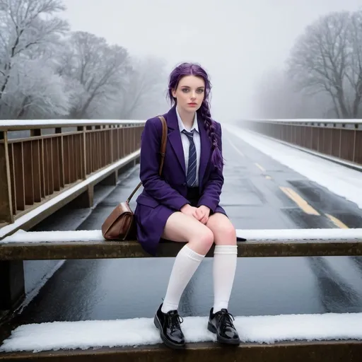 Prompt: 19 Year Old Louise Stafford is a stunningly beautiful school girl with dark blue eyes, shoulder-length purple hair with ponytails, stunning golden-ratio faces, long shapely legs, pale skin, Knee-length white socks, flat black shoes, very short black pleated skirts, dark navy blazer & ties, Sitting on a frosty and snowy bridge above a freezing and icy Main road bridge while shivering on her way to school during an icy heavy rainy blizzard, icy frosty scene, fog unhappy freezing shivery and pouting, 8k photo, detailed, realistic, winter, beautiful schoolgirls, seaside view white knee-length socks, frosty, raining freezing, soaking wet, icy, pale skin, long cold wet bare legs, Flat black shoes, detailed eyes, below the freezing atmosphere.