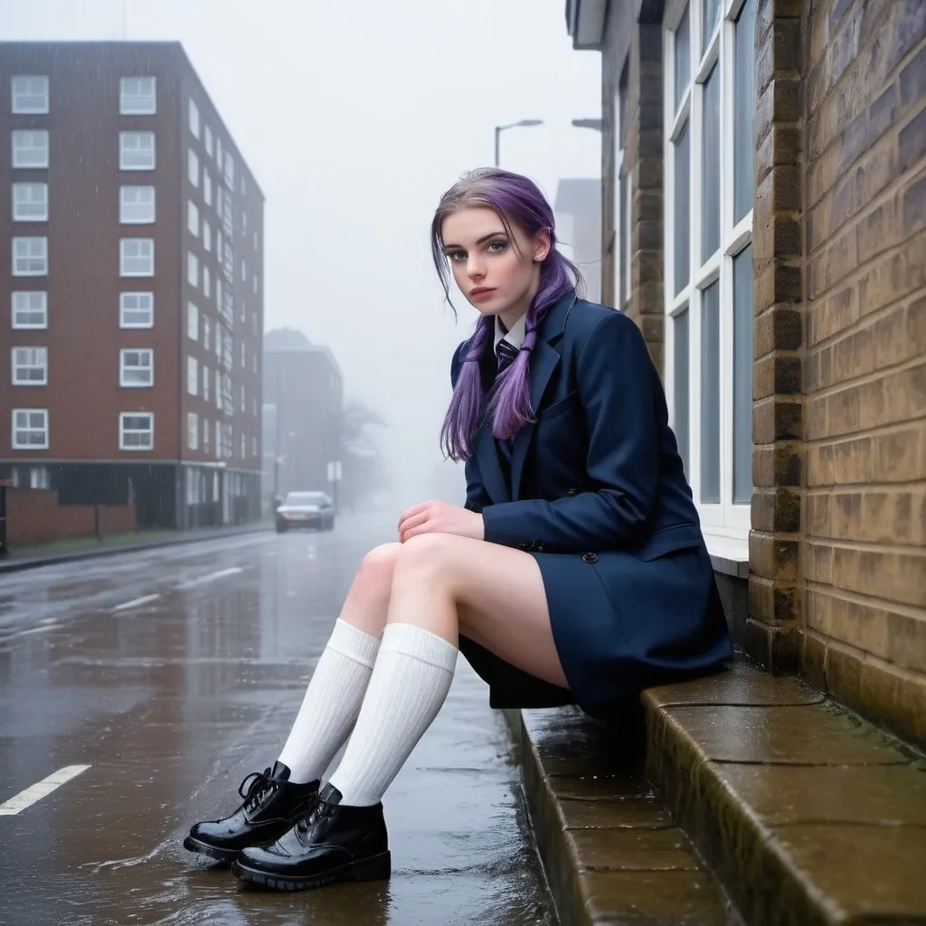 Prompt: The 20-Year-Old Louise Groves is a stunningly beautiful school girl with dark blue eyes, shoulder-length purple hair with ponytails, stunning golden-ratio faces, long shapely legs, pale skin, Knee-length white socks, flat black shoes, very short black pleated skirts, dark navy blazer & ties, Sitting on a wall on a wall next to some tower block offices with freezing bare legs during a frosty morning on her way to school during an icy heavy rainy blizzard, icy frosty scene, fog, freezing, 8k photo, detailed, realistic, winter, beautiful schoolgirls, Tower block offices white knee-length socks, frosty, raining freezing, soaking wet, icy, pale skin, long cold wet bare legs, Flat black shoes, detailed eyes, below the freezing atmosphere.