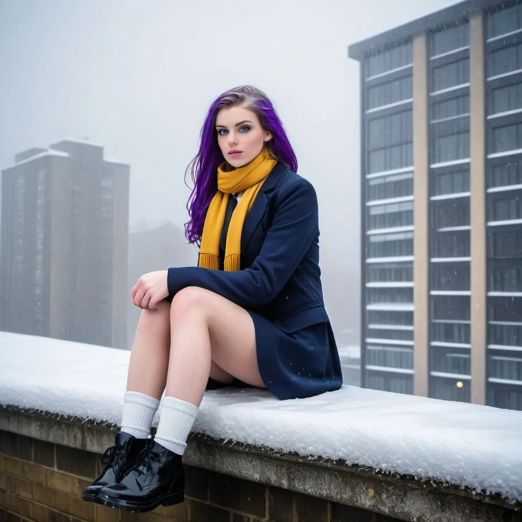 Prompt: The 20-Year-Old Anna Croft is a stunningly beautiful school girl with dark blue eyes, shoulder-length purple hair with ponytails, stunning golden-ratio faces, long shapely legs, pale skin, Knee-length white socks, flat black shoes, very short black pleated skirt thick scarf, dark navy blazer & ties, Sitting on a wall on a wall next to some tower block offices with freezing bare legs during a frosty morning on her way to school during an icy heavy rainy blizzard, icy frosty scene, fog, freezing, 8k photo, detailed, realistic, winter, beautiful schoolgirls, Tower block offices white knee-length socks, frosty, raining freezing, soaking wet, icy, pale skin, long cold wet bare legs, Flat black shoes, detailed eyes, below the freezing atmosphere.