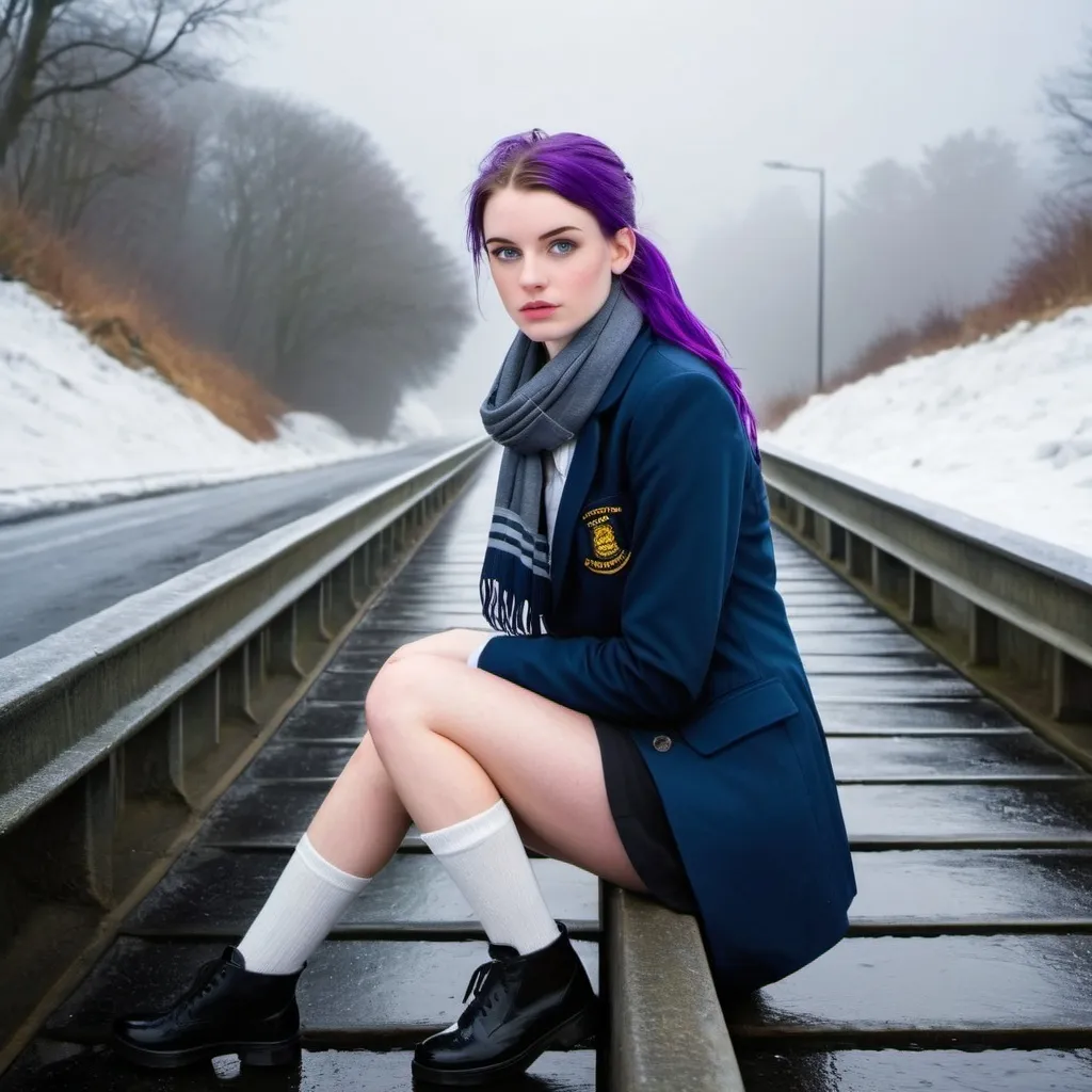 Prompt: 19 Year Old Louise Stafford is a stunningly beautiful school girl with dark blue eyes, shoulder-length purple hair with ponytails, stunning golden-ratio faces, long shapely legs, pale skin, Knee-length white socks, flat black shoes, very short black pleated skirts, a scarf, dark navy blazer & ties, Sitting on a frosty and snowy bridge above a freezing and icy Main road bridge while shivering on her way to school during an icy heavy rainy blizzard, icy frosty scene, fog unhappy freezing shivery and pouting, 8k photo, detailed, realistic, winter, beautiful schoolgirls, seaside view white knee-length socks, frosty, raining freezing, soaking wet, icy, pale skin, long cold wet bare legs, Flat black shoes, detailed eyes, below the freezing atmosphere.