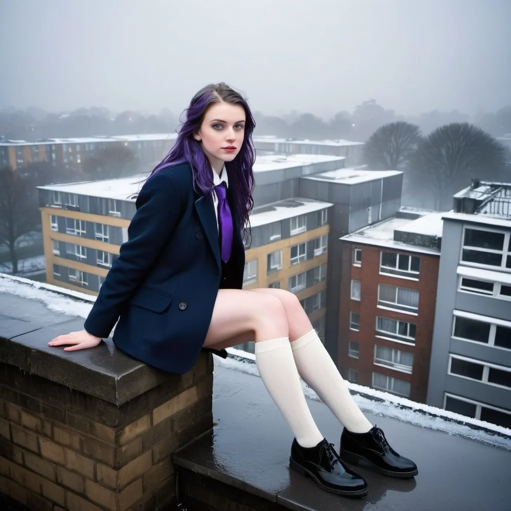 Prompt: The 20-Year-Old Lucinda Beduff is a stunningly beautiful school girl with dark blue eyes, shoulder-length purple hair with ponytails, stunning golden-ratio faces, long shapely legs, pale skin, Knee-length white socks, flat black shoes, very short black pleated skirts, dark navy blazer & ties, Sitting on a wall on a wall next to some tower block offices with freezing bare legs during a frosty morning on her way to school during an icy heavy rainy blizzard, icy frosty scene, fog, freezing, 8k photo, detailed, realistic, winter, beautiful schoolgirls, Tower block offices white knee-length socks, frosty, raining freezing, soaking wet, icy, pale skin, long cold wet bare legs, Flat black shoes, detailed eyes, below the freezing atmosphere.