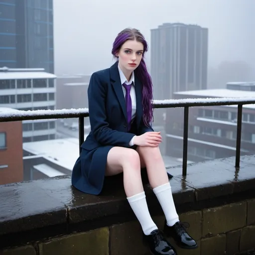 Prompt: The 20-Year-Old Lucinda Beduff is a stunningly beautiful school girl with dark blue eyes, shoulder-length purple hair with ponytails, stunning golden-ratio faces, long shapely legs, pale skin, Knee-length white socks, flat black shoes, very short black pleated skirts, dark navy blazer & ties, Sitting on a wall on a wall next to some tower block offices with freezing bare legs during a frosty morning on her way to school during an icy heavy rainy blizzard, icy frosty scene, fog, freezing, 8k photo, detailed, realistic, winter, beautiful schoolgirls, Tower block offices white knee-length socks, frosty, raining freezing, soaking wet, icy, pale skin, long cold wet bare legs, Flat black shoes, detailed eyes, below the freezing atmosphere.