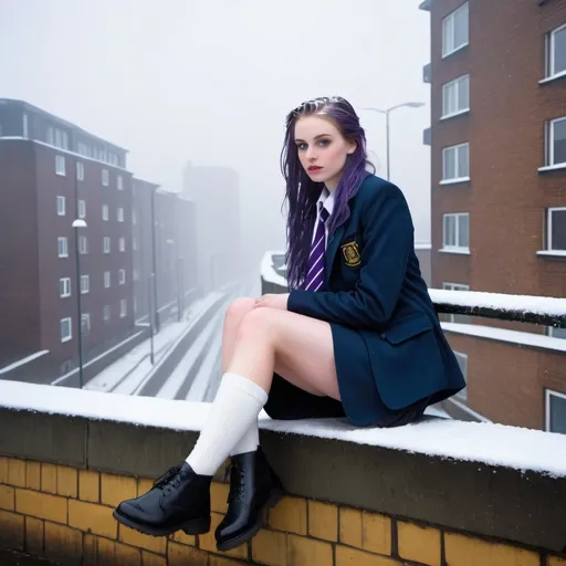 Prompt: The 20-Year-Old Lucinda Beduff is a stunningly beautiful school girl with dark blue eyes, shoulder-length purple hair with ponytails, stunning golden-ratio faces, long shapely legs, pale skin, Knee-length white socks, flat black shoes, very short black pleated skirts, dark navy blazer & ties, Sitting on a wall on a wall next to some tower block offices with freezing bare legs during a frosty morning on her way to school during an icy heavy rainy blizzard, icy frosty scene, fog, freezing, 8k photo, detailed, realistic, winter, beautiful schoolgirls, Tower block offices white knee-length socks, frosty, raining freezing, soaking wet, icy, pale skin, long cold wet bare legs, Flat black shoes, detailed eyes, below the freezing atmosphere.