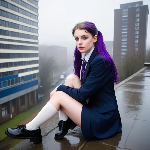 Prompt: The 20-Year-Old Lucinda Campbell is a stunningly beautiful school girl with dark blue eyes, shoulder-length purple hair with ponytails, stunning golden-ratio faces, long shapely legs, pale skin, Knee-length white socks, flat black shoes, very short black pleated skirts, dark navy blazer & ties, Sitting on a wall on a wall next to some tower block offices with freezing bare legs during a frosty morning on her way to school during an icy heavy rainy blizzard, icy frosty scene, fog, freezing, 8k photo, detailed, realistic, winter, beautiful schoolgirls, Tower block offices white knee-length socks, frosty, raining freezing, soaking wet, icy, pale skin, long cold wet bare legs, Flat black shoes, detailed eyes, below the freezing atmosphere.