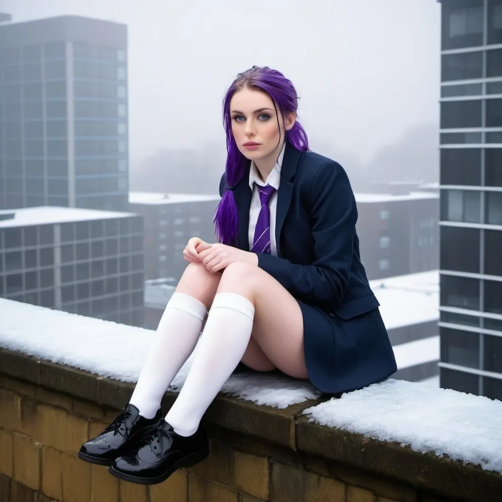 Prompt: The 20-Year-Old Jacinda Wood is a stunningly beautiful school girl with dark blue eyes, shoulder-length purple hair with ponytails, stunning golden-ratio faces, long shapely legs, pale skin, Knee-length white socks, flat black shoes, very short black pleated skirts, dark navy blazer & ties, Sitting on a wall on a wall next to some tower block offices with freezing bare legs during a frosty morning on her way to school during an icy heavy rainy blizzard, icy frosty scene, fog, freezing, 8k photo, detailed, realistic, winter, beautiful schoolgirls, Tower block offices white knee-length socks, frosty, raining freezing, soaking wet, icy, pale skin, long cold wet bare legs, Flat black shoes, detailed eyes, below the freezing atmosphere.