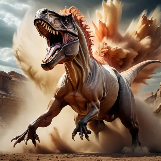 Prompt: A majestic horse battling against a ferocious T-Rex, epic clash of strength and power, dynamic action pose, dramatic dust clouds swirling around, exhilarating atmosphere, fierce expressions, detailed muscular anatomy, vivid colors highlighting the contrast between the horse's flowing mane and the T-Rex's scaly texture, cinematic lighting enhancing the intensity of the moment, engaging composition, ultra-detailed, high-definition.