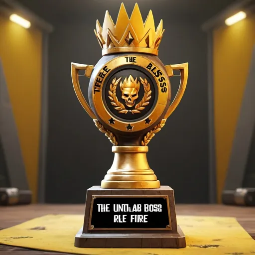 Prompt: GENERATE A TROPHY OF ‘THE UNBEATABLE BOSS.’ WRITTEN ON IT. OF FREE FIRE GAME.  NO HUMAN ONLY TROPHY