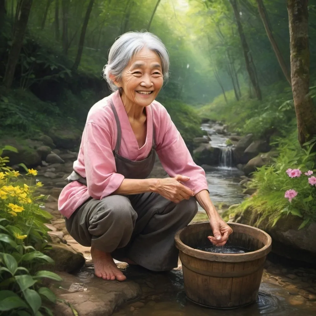 Prompt: Create (masterpiece) (highest quality) (intuitive) (inspirational) (stylized japanese anime) image of (a barefoot elderly woman with a wide toothless smile) (in a lush forest sprinkled with small pink and yellow flowers) (kneeling near a babbling brook as she fills a wooden bucket with water).  Pure joy is on her face. Digital art. 