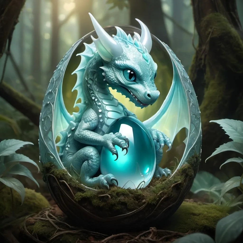 Prompt: (masterpiece), (highest quality), (fantasy), (intricate details), an image of a baby dragon curled up in its transparent egg. Its wings are small and its eyes are closed. An aquamarine glow backlights the dragon within the transparent egg. The background is a lush forest. Digital art. 