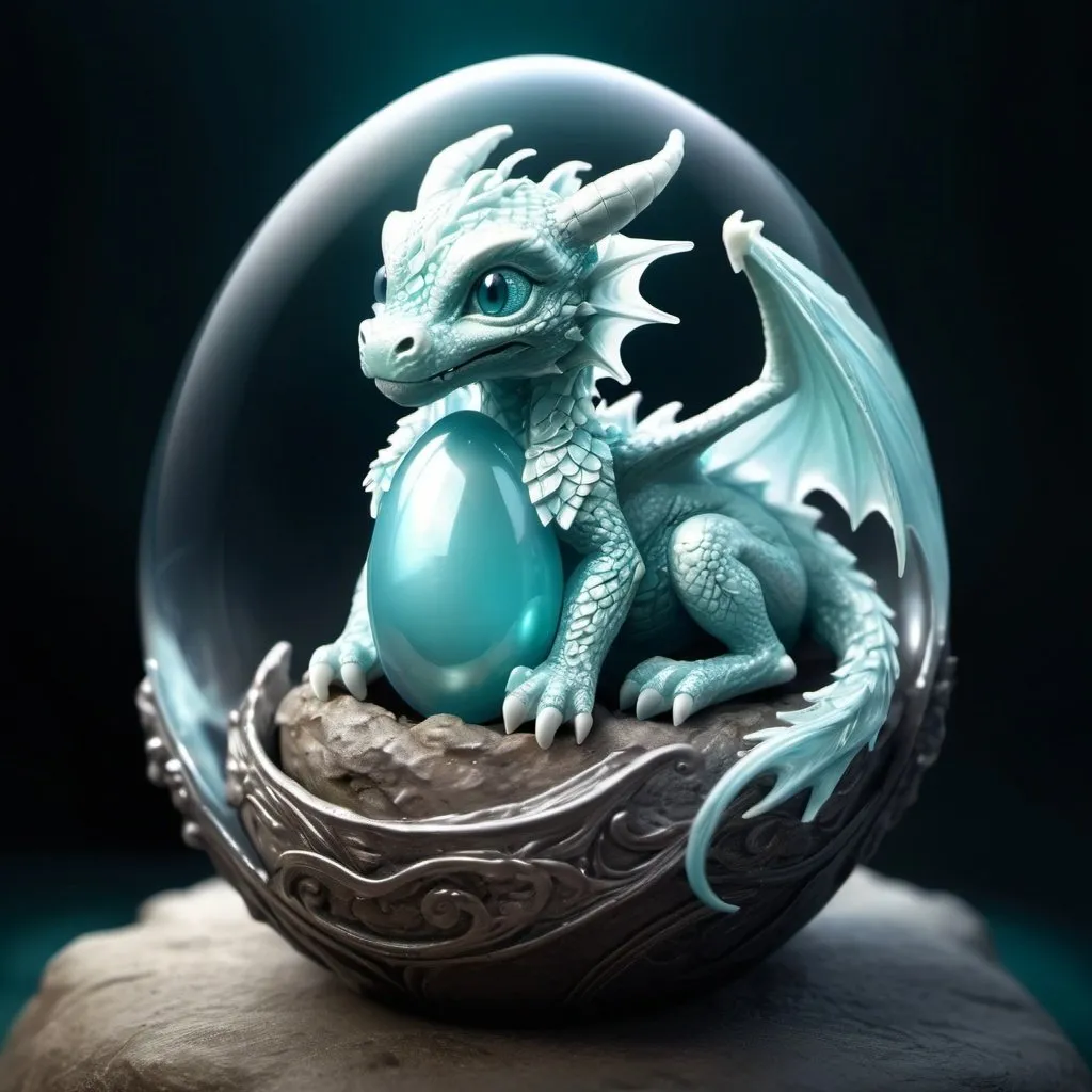 Prompt: (masterpiece), (highest quality), (fantasy), (intricate details), an image of a baby dragon curled up in its transparent egg. Its wings are small and its eyes are closed. Aquamarine backlighting. Digital art. 