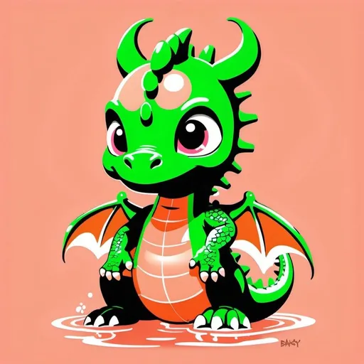 Prompt: (masterpiece) (highest quality) (abstract) (intricate details), A cartoon baby dragon in the style of banksy wearing a lime-green swimming inner tube at his waist in a swimming pool. Peach-colored background, cartoon, digital art. In the style of banksy. 